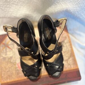 Michael Kors Black Heeled Sandals with Gold Buckle